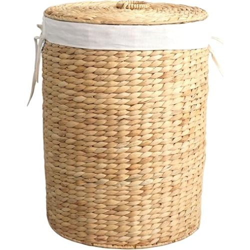 Nivora Water Hyacinth Round Laundry Hamper, Brown – Woven Clothes Basket with Removable Liner and Lid for Bedroom, Bathroom, or Nursery Laundry