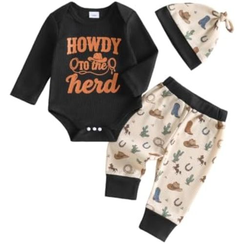 SAYOO Baby Boy Cowboy Outfit Newborn Western Country Boy Clothes Cow Print Letter Bodysuit+Long Pants+Cap 3pcs Fall Clothes