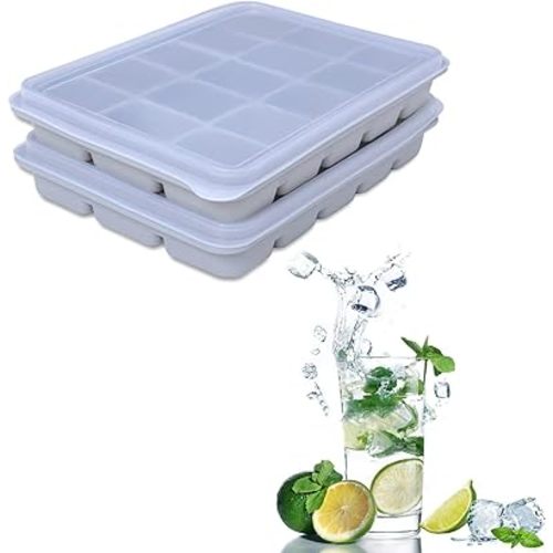 Ice Cube Trays Set of 2, Easy Release 15 Flexible Silicone Ice Cube Molds with Removable Lid Reusable Freezer Ice Trays Stackable for Whiskey, Baby Food, BPA Free (SNOW GRAY)