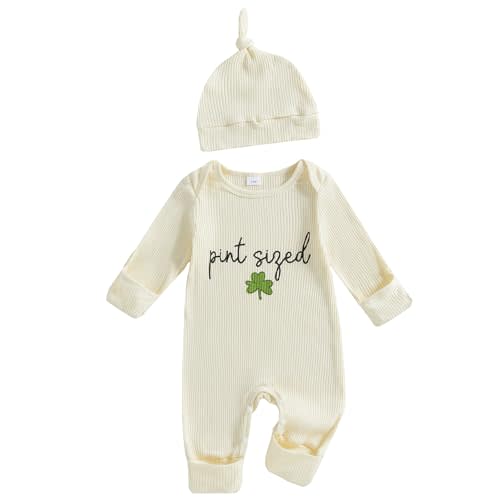Dewadbow Newborn Baby Girl Boy St Patricks Day Outfit Clover Letter Print Romper Ribbed One Piece Bodysuit Jumpsuit with Hat