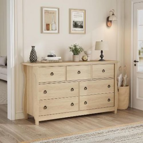 Nasitip 7-Drawer Dresser,54''W Boho Dresser with Curved Legs, Rattan Accents,Natural Wood