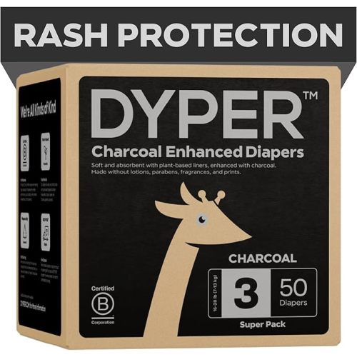 DYPER Charcoal Enhanced Diapers | Baby Diapers from Plant-Based* & Honest Materials | Day & Overnight Diapers | Disposable Diapers for Sensitive Skin (Size 3, 50, Count)