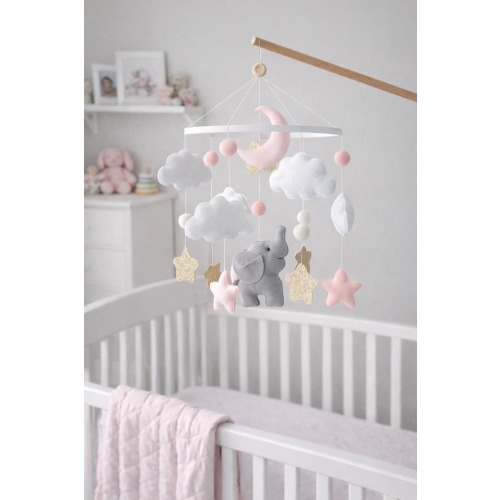 Elephant Baby Mobile – Handmade Felt Nursery Decor, Clouds & Stars Hanging Mobile