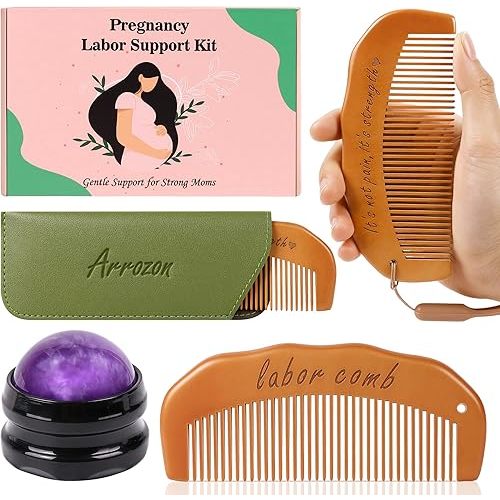 Arrozon 2 Pcs Labor Comb & Purple Massage Roller Ball Kit, Birthing Comb Labor and Delivery Essentials, Wooden Combs Hospital Bag Essentials New Mom Gift