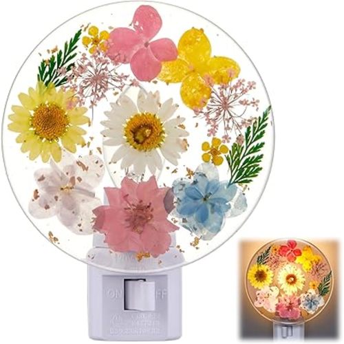 Glooglitter Pressed Flower Night Light Plug in - Handmade Dried Floral Wall Night Light, Soft Glow Decorative Nightlight for Hallway Bedroom Nursery Bathroom, Vintage Botanical Home Decor(Fresh Color)