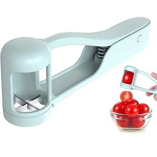 EWUVP Grape Cutter for Toddlers, Grape Slicer for Baby, Cherry Tomato Strawberry Cutter Quarter Fruit Slicer Tool for Vegetable Fruit Salad Cake Decoration, Stainless Steel Kitchen Gadget(Light Blue)