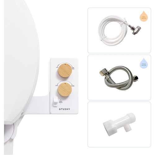 TUSHY Spa Warm Water Bidet Attachment for Toilet. Universal Fit, Easy Install (Requires Sink Access for Optional Temperature Control) Self Cleaning, Adjustable Pressure, Angle Control, Bamboo