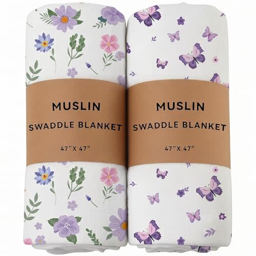 2 Pack Pink Bow Muslin Swaddle Blankets 100% Cotton Breathable Receiving Blankets Newborn Essentials for Baby Girl Soft and Large 47 x 47 Inches (Purple)