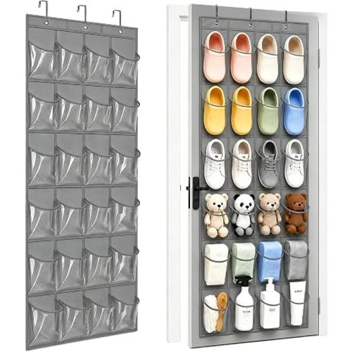 Over-the-Door Shoe Organizer with 24 Crystal Clear Pockets, White