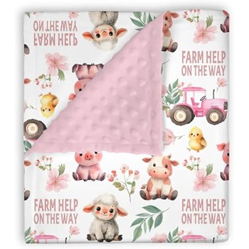 Mink Baby Girls Blankets Pink Farm Animals Floral Tractor, Cow Chick Pig Sheep Soft Double Layer Dotted Backing Receiving Swaddle, Newborn Infant Toddler Nursery Crib Bedding Shower Gift 30x40