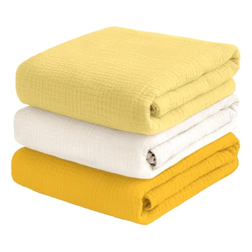 Muslin Swaddle Blankets for Baby Boy - 3 Pack 47x47 Inch Large Receiving Blankets, Soft Breathable Cotton Nursery Swaddles for Newborn, Infant & Todler (Yellow, White, Banana)