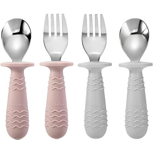 PandaEar 4 Set Baby Toddler Silicone Stainless Steel Utensils Silverware Spoon Fork for Baby Toddler BPA Free with Silicone Holding Anti-Choke Design (Pink&Grey)