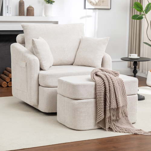 Hobooment Corduroy Swivel Chair Solid metal base 360-Degree Rotating Decorative Chair Comfortable Lounge Chair with Footstool for Living Room or Bedroom, Beige