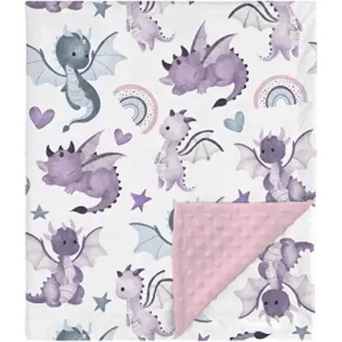 HawSkgFub Cute Purple Blue Dragons Mink Baby Blankets Dotted Backing Girls Shower Gift, Dragon Lover Rainbow Heart Star Double Layer Nursery Swaddle, Soft Newborn Infant Toddler Bed Crib Bedding 30x40