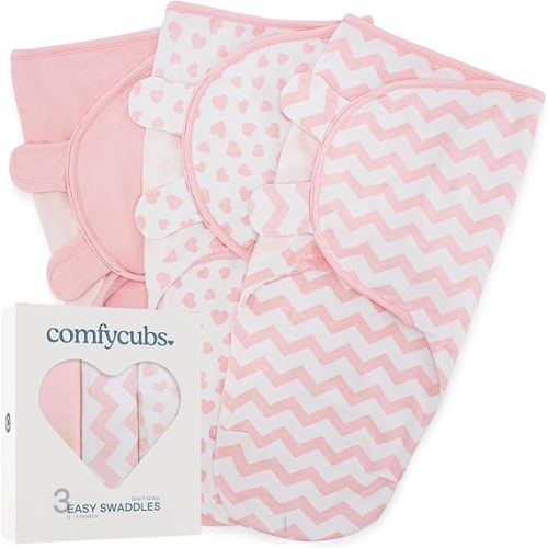 Comfy Cubs Easy Swaddle Blanket, 3 Pack - 100% Cotton Newborn Wrap, Small for 0-3 Months Infants, Breathable and Durable Sleep Sack for Babies - Pink