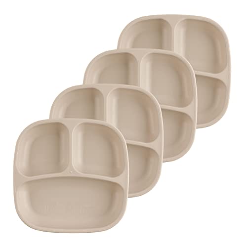 Re-Play Toddler Plates with Dividers - Deep-Walled 3 Compartments Divided Plates for Kids - Dishwasher & Microwave Safe - Made in USA - Set of 4-7.37" x 7.37" x 1.25" - Sand