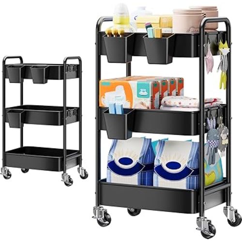 Baby Diaper Caddy Organizer and Storage, 3 Tier Rolling Cart with Wheels for Newborn Nursery Essentials, Baby Organizers for Changing Table, Crib, Bedroom, Movable Bedside Organizatio (Black)