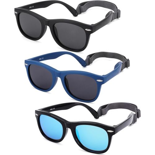 Polarized Baby Sunglasses with Strap - Unbreakable Flexible Infant Sunglasses for Toddlers Age 0-24 Months (Balck/Gray + Blue/Gray + Black/Blue) - 3 Pack