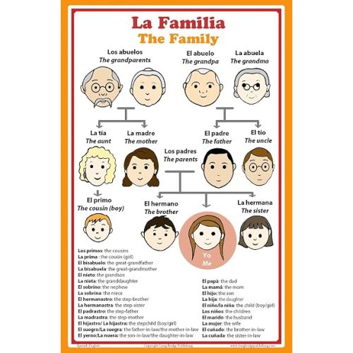 Long Bridge Publishing Spanish Language School Poster - Words About Family Members - Wall Chart for Home and Classroom - Bilingual: Spanish and English Text (11x17 inches)