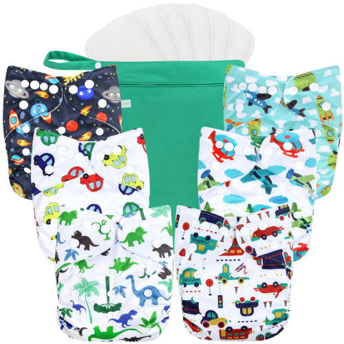Wegreeco Washable Reusable Baby Cloth Pocket Diapers 6 Pack + 6 Bamboo Inserts (with 1 Wet Bag, Car, Airplane)