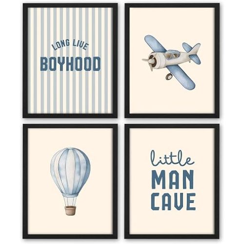 NaZaUK Vintage Baby Boy Nursery Decor Poster, Long Live Boyhood Room Decor Wall Art Airplane Hot Air Balloon Nursery Decorations, Little Man Cave, Playroom, 8x10inches Set of 4