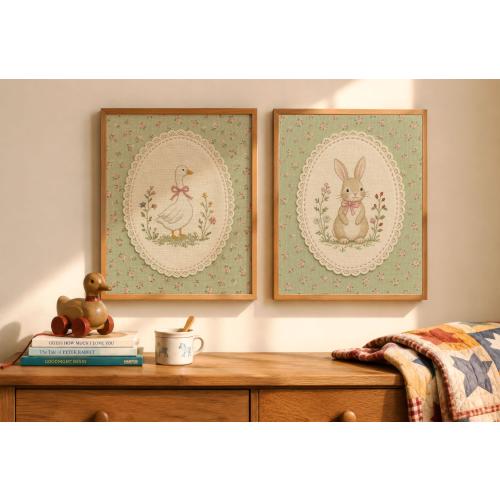 Goose & Bunny Nursery Wall Art Set, Faux Embroidery Prints, Vintage Storybook Animal Decor, Cottagecore Baby Room Art, Digital Download