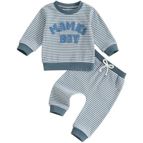 Nyapruwe Toddler Baby Boy Fall Winter Clothes Stripe Letter Embroidery Sweatshirt Tops Pants Set Casual Infant Outfits