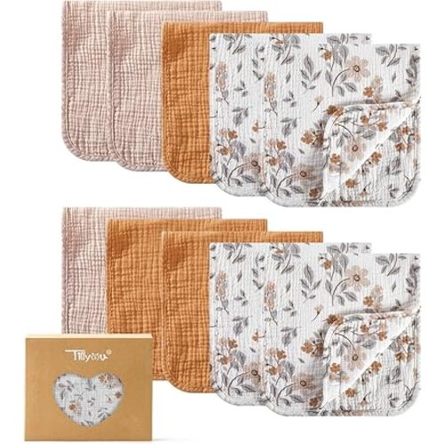 TILLYOU Muslin Burp Cloths Baby Boy Girl 20" x 10", 6-Layer Absorbent 100% Cotton Burping Cloths Large Soft, 10 Pack(Yellow Flower)