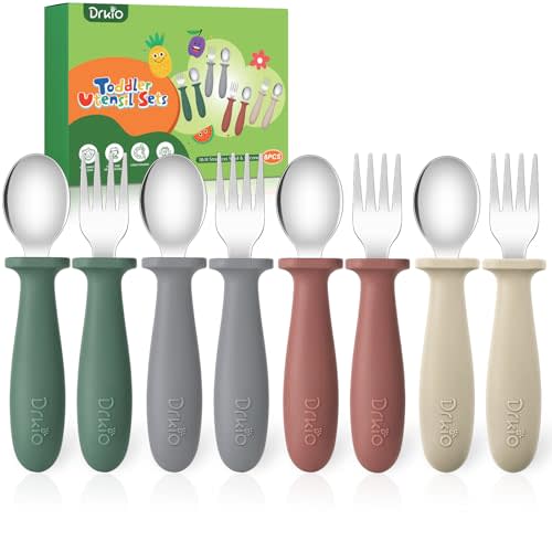 DRKIO 8 Pieces Toddler Utensils Set - Kids Silverware Set with Silicone Handle Children Safe 18/8 Stainless Steel Forks and Spoons Anti-Choke Design Food Grade Dishwasher Safe