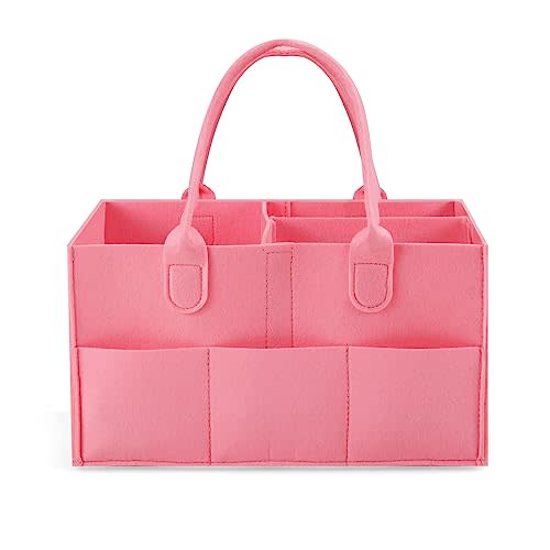 PandaEar Baby Diaper Caddy Organizer, Portable Diaper Holder Organizer Nursery Storage Basket for Wipes & baby stuff, Collapsible Baby Organizer with Divided Design (Pink)