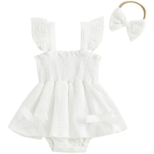 Thorn Tree Baby Girl Summer Clothes Newborn Outfit Ruffle Romper Infant Baby Dress Bow Headband Solid Cute Outfits Girls