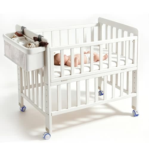 Wood Baby Bassinets Bedside Sleeper, Portable 6 Heights Baby Bassinet with Breathable Mattress, Space-Saving Design Baby Crib with Storage Basket, Mini Crib with Wheels for Newborn 0-12 Months, White