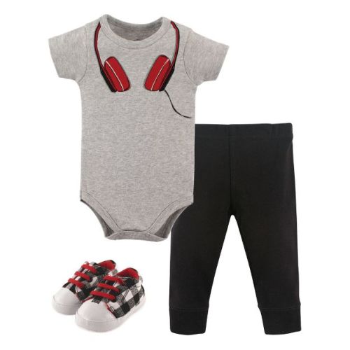 Little Treasure Baby Boys Cotton Bodysuit, Pant and Shoe 3pc Set, Headphones, 6-9 Months