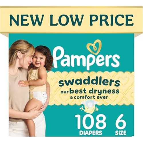 Pampers Swaddlers Diapers, Size 6 (23-44 lbs), 108 Count, Hypoallergenic, Absorbent, Keeps Baby Dry and Comfortable, Skin Safe Disposable Baby Diaper