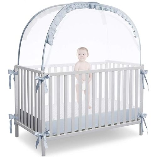 Crib Tent Crib Net to Keep Baby in, Pop Up Crib Tent Canopy Keep Baby from Climbing Out (55.2" L x 27.6" W x 51.6" H) GREY