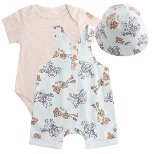 Disney Toy Story Shortall French Terry Overalls Bodysuit and Bucket Hat (Baby Boys), 3 Piece Set, Sizes 3M-18M