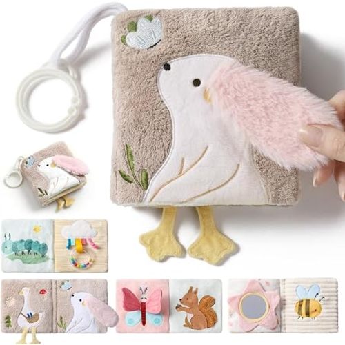 Let's Make Soft Baby Book, Sensory Crinkle Cloth Books for Babies 0-6 6-12 Months, Animal Tummy Time Toys with Baby Mirror & Squeaker, Touch and Feel Travel Stroller Toy, Newborn Gift Baby Shower