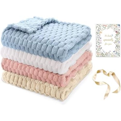 HOMRITAR 4 Pcs Baby Fuzzy Blanket 3D Jacquard Fluffy Blankets for Boy Girls, Soft Warm Cozy Flannel Fleece Warm Blanket Nursery, Stroller Toddler Bedding, 30 x 40 Inch (Blue, Cream, Pink, Khaki)
