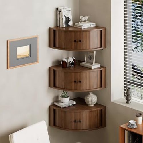 Corner Shelves Wall Cabinet Set of 3, Floating Corner Shelf Organizer with Sliding Doors, Fluted Wall Cabinet for Living Room, Bedroom, Office, Small Space, Walnut (Curved, 15.74“)