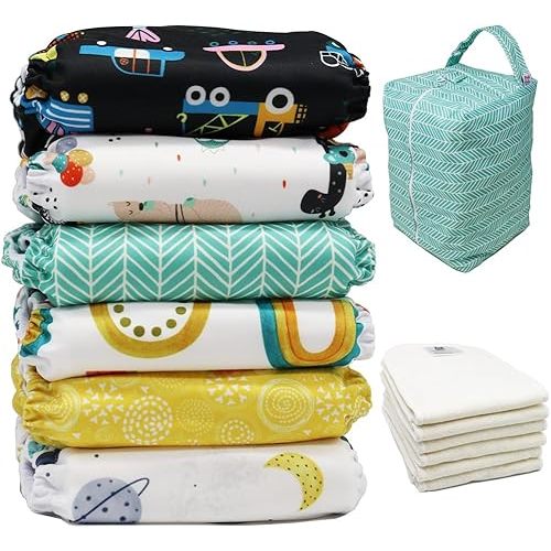 PINK & BLUE Baby Cloth Pocket Diapers 6 Pack, 6 Bamboo Inserts & 1 Diaper Wet Bag (RAINBOW)