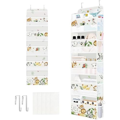 Clastyle Elephant Lion Kid Over The Door Organizer Storage Tropical Leaf 5 Shelves Closet Nursery Hanging Shelves Clothes Diaper Stuffed Animal Toy Storage for Newborn Baby Essential