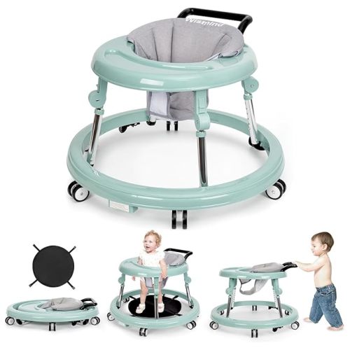 Baby Walker Foldable with 9 Adjustable Heights, Baby Walkers and Activity Center for Boys Girls Babies 7-18 Months, Baby Walker with Wheels Portable Anti-Rollover - green
