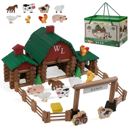 Wondertoys 164 Pcs Wooden Log Set Ranch Real Wood Logs Classic Building Log Ages 3+ Best Retro Farm Building Gift Set Creative Construction Engineering Educational Gifts
