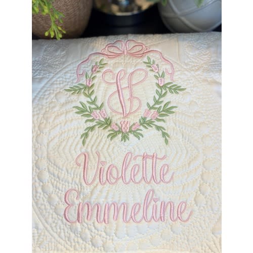 Embroidered Floral Vine Bow Crest, Monogramed Heirloom Baby Quilt, Nursery Bedding, Personalized Name Blanket Pink Flowers, Baby Keepsake.