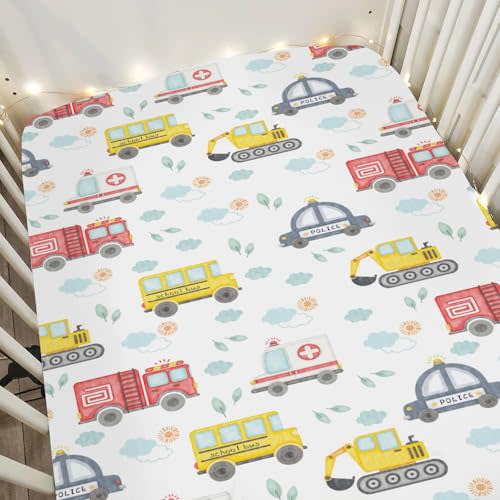 Colorful Car Baby Crib Sheets for Boy Girl 52x28Inch Bus Sun Clouds Leaves Soft Snug Fitted Crib Mattress Covers Vehicles Transportation Nursery Baby Sheet for Standard Crib and Toddler Bed Mattress