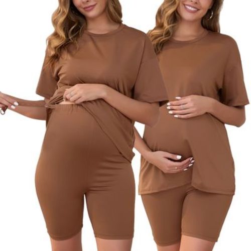INSPIRE CHIC Women's 2 Pcs Pajamas Outfits Short Sleeve T-shirt and Shorts Set Maternity Loungewear Brown XX-Large