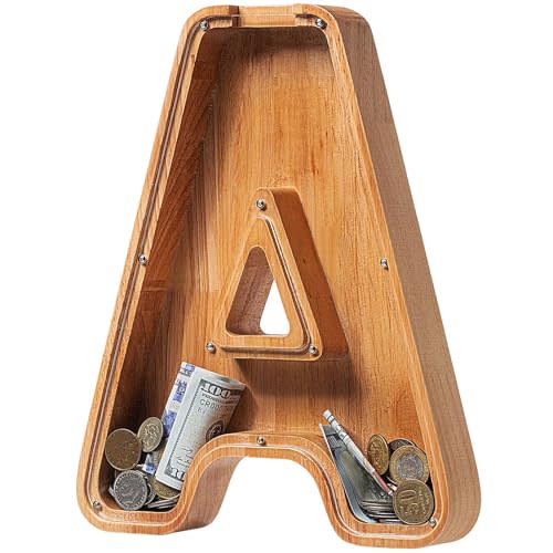 Piggy Bank for Kids Boys Girls, Large Personalized Wooden Letter Piggy Bank with Cut-Out Design, Alphabet Letter Coin Banks, Money Savings Box, Wooden Bank for Kids Creative Gifts for Real-Money(A)