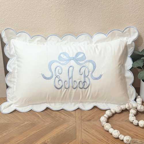 Embroidered Monogram Baby Pillow: Scalloped Edge Cotton Nursery Decor