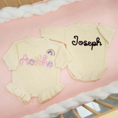 Hand Embroidery Ruffle Knit Baby Rompers