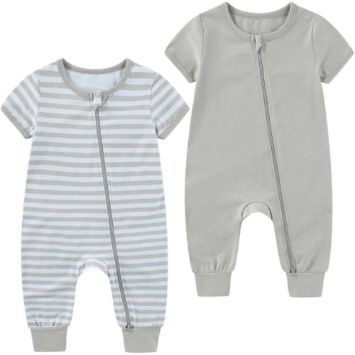 2 Pack Unisex Baby Short Sleeve Rompers 2 Way Zipper New Born One-Piece Jumpsuits 0-24Months Infant Outfits